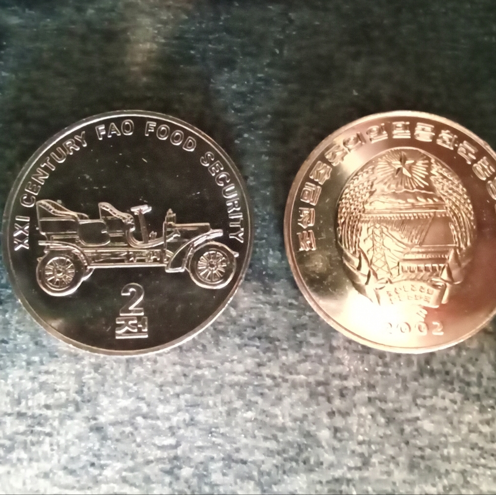 Set Of Five:2 Chon N. Korea FOA Coin. Antique Car &:Coat Of Arms. Uncirculated.